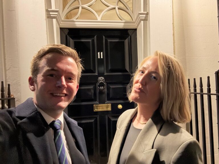 Tom Rutland MP for East Worthing and Shoreham, with Victoria Tripp, Bakkus Taproom and Store owner, outside No. 11 Downing Street.