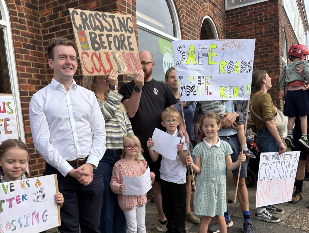 Tom Rutland MP at a school road safety demonstration on Broadwater Road.
