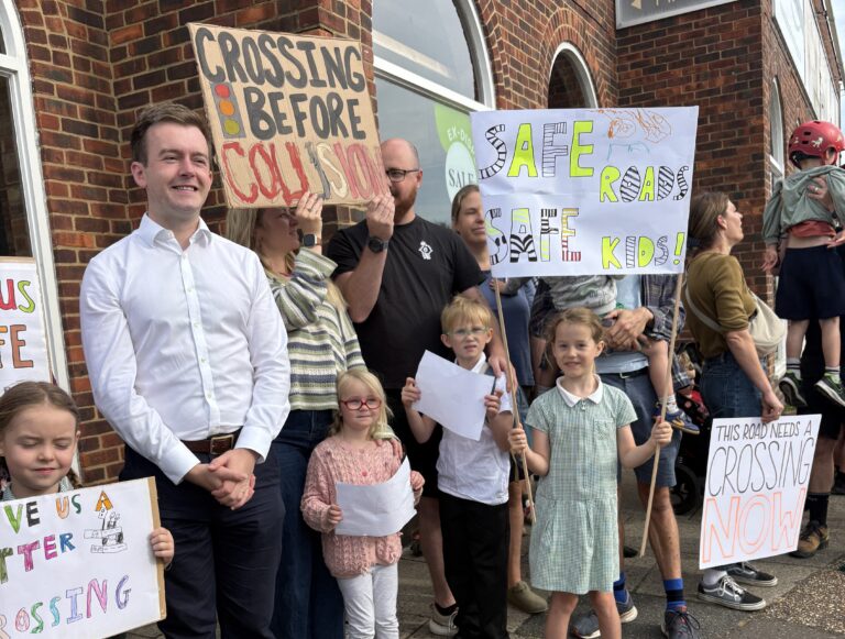 Tom Rutland MP at a school road safety demonstration on Broadwater Road.
