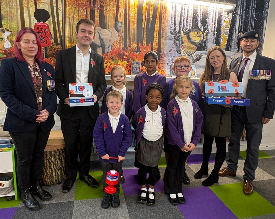 Tom Rutland MP at Whytemead Primary School with the Worthing Veterans Association to launch their Poppy Appeal.